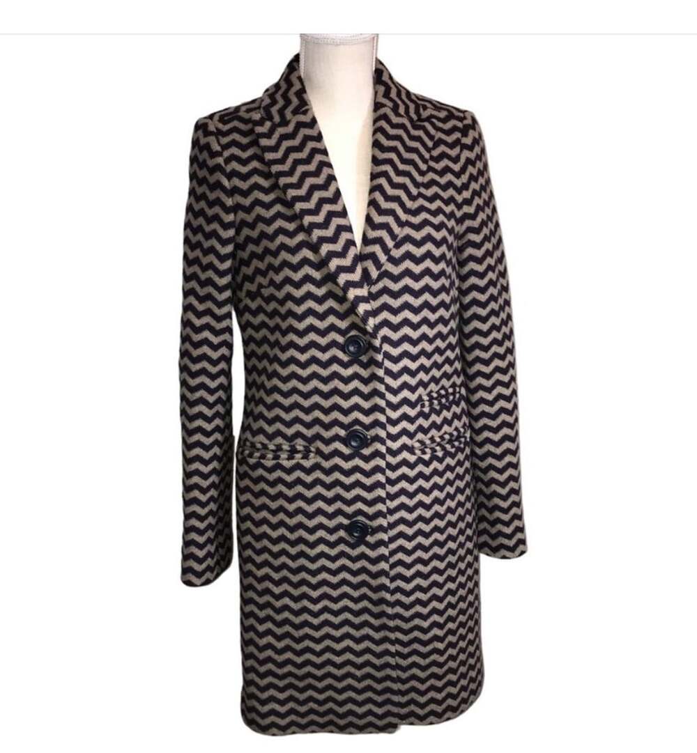 Boden Amelia Wool Blend Coat Womens 6 Navy Taupe Chevron Herringbone Long